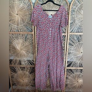 Vintage 1980s Red Floral Short-Sleeve Jumpsuit